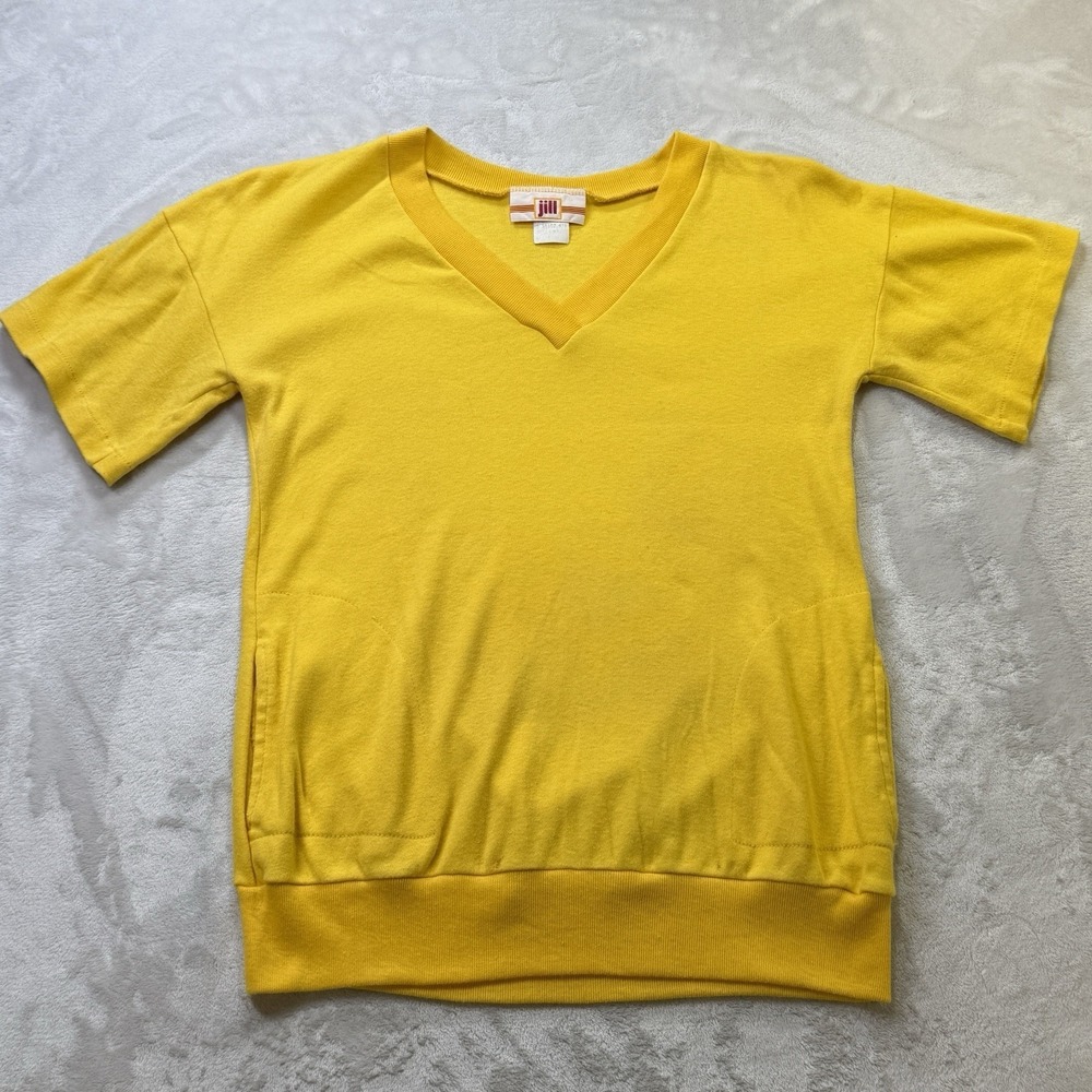 Vintage 70s Jill Short Sleeve Sweatshirt Yellow V Neck Kangaroo Pocket Women's M